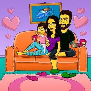 Custom Yellow Character FAMILY Portrait / family illustration / family portrait gift / family portraits / family cartoon / draw my family Couch with hearts