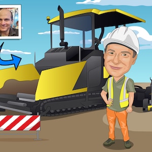 Asphalt Paver Gift - Custom Caricature From Photo, Tracked Paver, asphalt paving