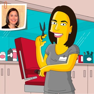 May include: A cartoon illustration of a person with yellow skin and brown hair, wearing a gray shirt, holding a pair of scissors and a comb. The person is standing in front of a red barber chair.
