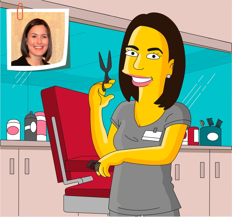 May include: A cartoon illustration of a person with yellow skin and brown hair, wearing a gray shirt, holding a pair of scissors and a comb. The person is standing in front of a red barber chair.