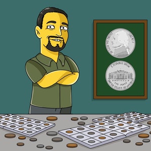 May include: A person stands in front of a table with two coin collecting albums open. The albums are filled with US five-cent coins. A framed picture of a US nickel is on the wall behind the person. The picture shows both the obverse and reverse sides of the coin.