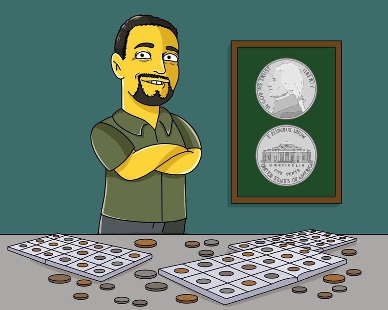 May include: A person stands in front of a table with two coin collecting albums open. The albums are filled with US five-cent coins. A framed picture of a US nickel is on the wall behind the person. The picture shows both the obverse and reverse sides of the coin.