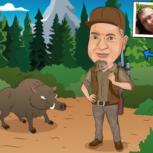 May include: A cartoon illustration of a man wearing a brown hat and a hunting vest standing in a forest with a wild boar in the foreground. The man is holding a rifle and has a serious expression on his face. The boar is looking at the man with a menacing expression.
