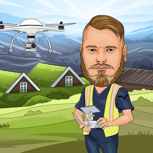 May include: Cartoon illustration of a man with a beard holding a drone controller. A white drone with a camera hovers in the background. The man wears a yellow safety vest and stands in a green field with houses.