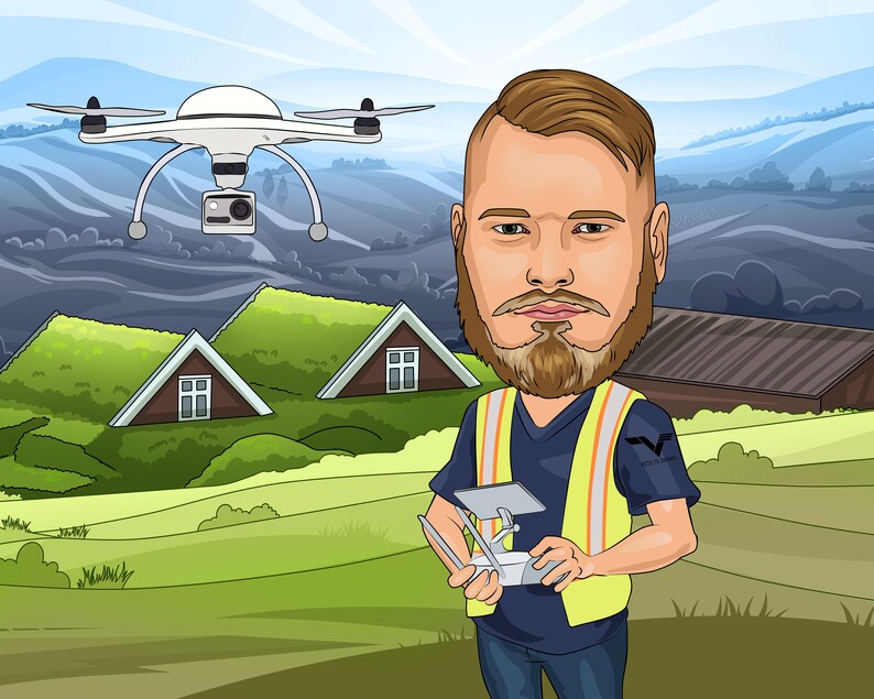May include: Cartoon illustration of a man with a beard holding a drone controller. A white drone with a camera hovers in the background. The man wears a yellow safety vest and stands in a green field with houses.