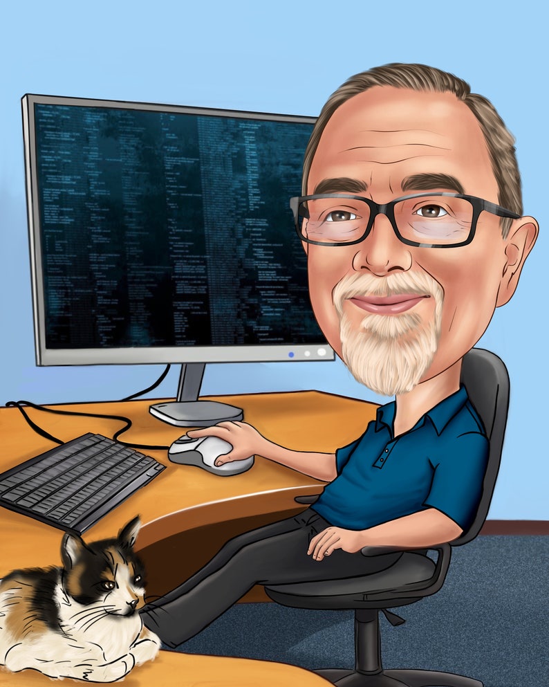 Peut inclure: Une illustration de dessin anim&eacute; d'un homme assis &agrave; un bureau devant un ordinateur avec un chat assis sur le sol &agrave; c&ocirc;t&eacute; du bureau. L'homme porte une chemise bleue et des lunettes. L'&eacute;cran de l'ordinateur affiche des lignes de code.