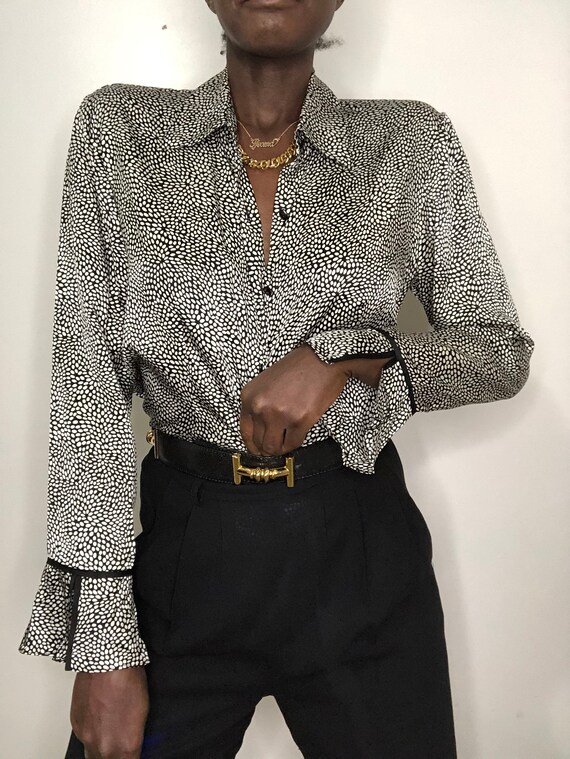 Vintage 90s Dots Pure Silk Bell Sleeve Blouse Size