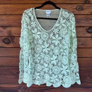 Vintage Y2K Together Mint Green Floral Crochet Blouse Top Size Large