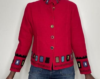 Chaqueta vintage islandesa de lana hervida bordada, botones en tonos joya, talla M