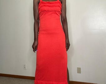 Vintage 1970s Orange Sleeveless Fringe Knit Long Dress  XS/S