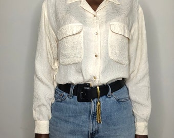 Vintage 1990s Kikomo Cream Textured Silk Front Pocket Notch Collar Blouse Size Medium