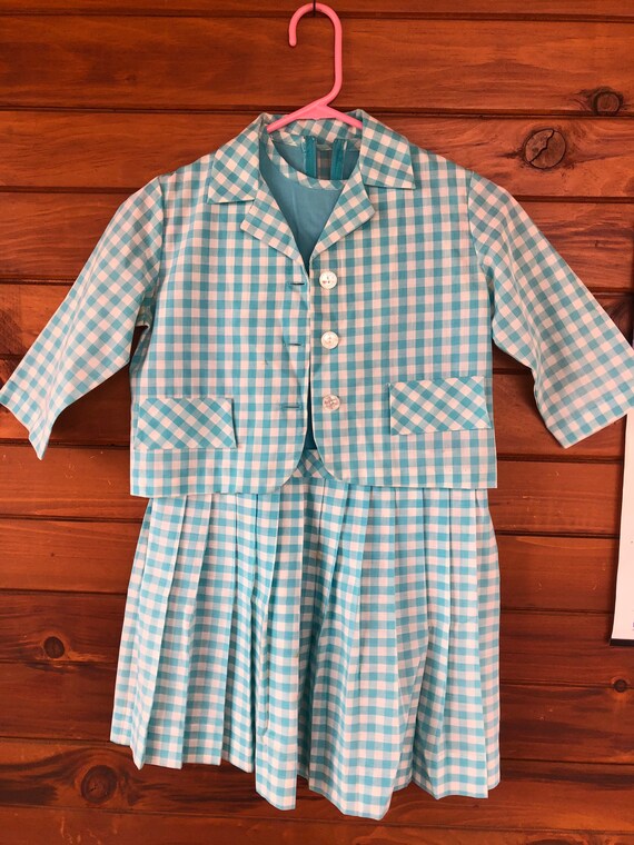 Vintage 50 60s Girls Gingham Pleated dress with M… - image 1
