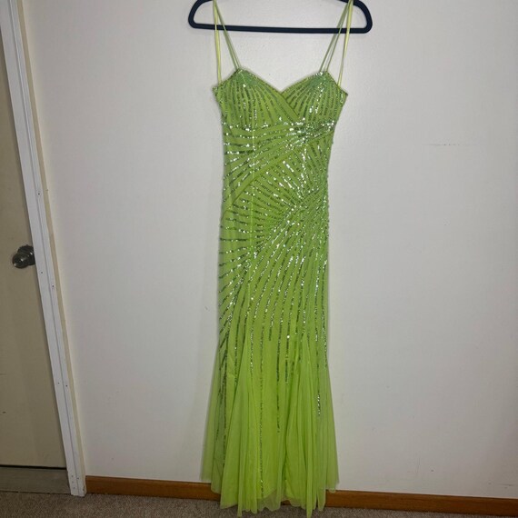 tinkerbell green prom dress Vintage Y2K Cache Fairycore Chartreuse Sequin Godet Panels Tulle Maxi Gown Size XS prom dresses green