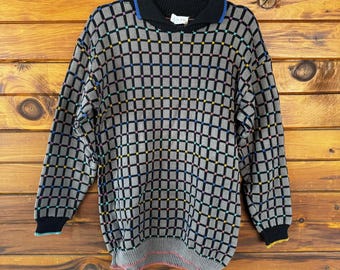 Suéter vintage de algodón con cuello de rejilla Christine Foley, años 80, talla S/M