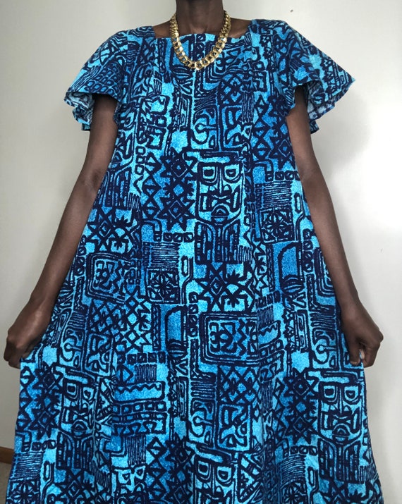 Vintage 1950s Tiki Batik Barkcloth Dress, Blue Cotton Mumu, Size Small Vintage 1950s Tiki Batik Barkcloth Dress, Blue Cotton Mumu, Size Small