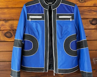 Vintage Y2K Pamela McCoy Moto Biker Racer Blue Leather Jacket Size Small