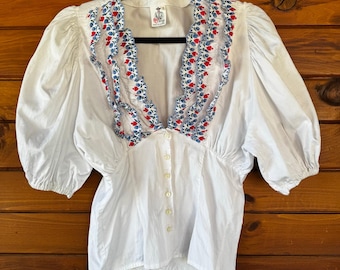 Vintage Austrian Trachten Romantic CottageCore Embroidered Yoke Cotton Puff Sleeve White Blouse Size XS/S