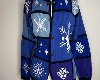 Vintage Norm Thompson Blue Snowflake Embroidered Patchwork Knit Cotton Cardigan Sweater Size XL