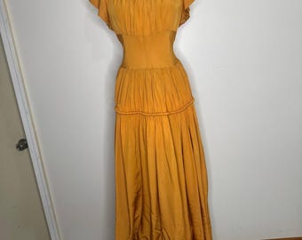 Vintage 1930s 1940s Mustard Cold Rayon Ball Ruched Gown