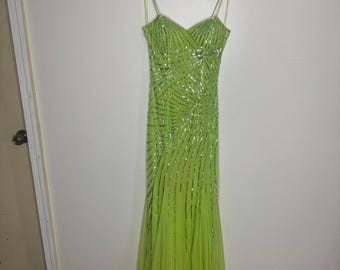 Vintage Y2K Cache Fairycore Tinkerbell Chartreuse Green Sequin Godet Panels Tulle Maxi Prom Gown Dress Size XS