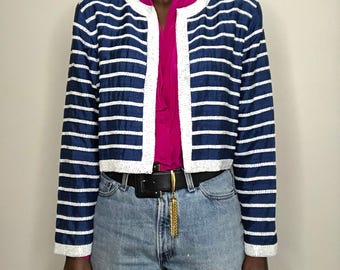 Vintage SCALA Navy Blue Silk Beaded Striped Cropped Bolero Jacket Size S/M