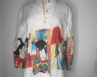 Blusa Citron Santa Monica 100% lino con estampado asiático de geisha, color marfil, talla XL