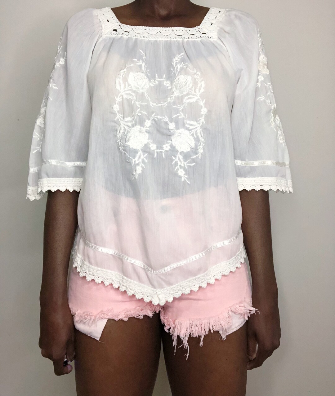 Vintage Peasant Crochet Lace Embroidered Boho Blouse Top Sizes Xs