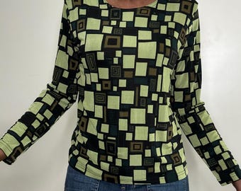 Vintage 00s Carol Rose Green MOD Print Long sleeve Stretch Blouse Top Size Large