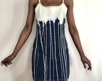 Vintage 1990s Aqua Blues Glitter & Drip Denim Slip Dress Size Medium