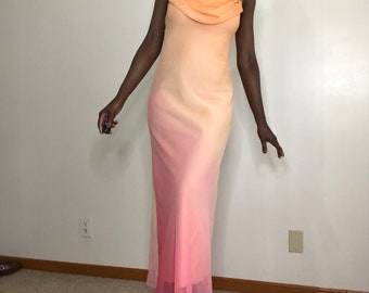 Vintage 1990s Y2K Onyx Nite Cowl Neck Chiffon Ombre Slip Prom Dress Size 6
