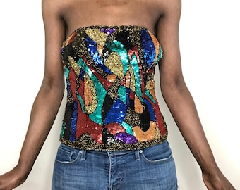 Vintage Oleg Cassini Black Tie Silk Multicolor Beaded Sequin Bustier Corset Size M