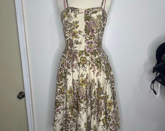 Vintage Y2K Anthropologie Elevenses Printed Embellished Fit & Flare Cotton Dress Size 8