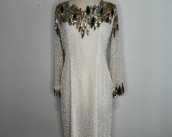 Vintage 1980s Ivory Bridal Beaded Embellished Midi Dress Size 16