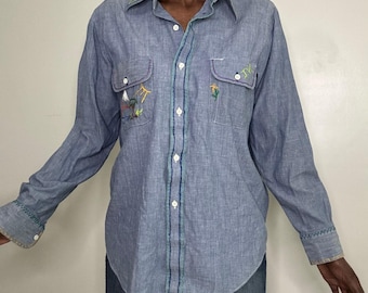 Vtg 70s JC Penney Big Mac Embroidered Chambray Shirt Blue L