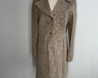 Vintage Y2K Boho Tan Suede Leather Embroidered Jacket Coat Size Large