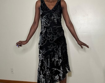 Vintage 90's Y2K Whimsigoth Black Grey Gothic Glamour Velvet Beaded BurnOut Bias Cut Prom Asymmetric Slip Dress size 8