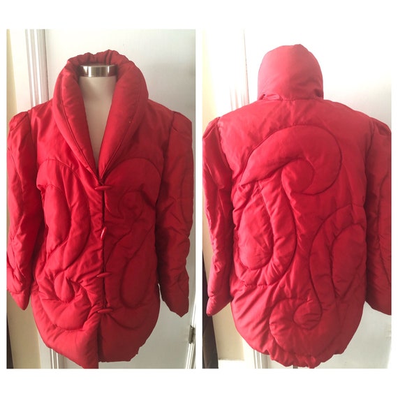Vintage 1980s Bill Blass Red Down Oversized Puffer