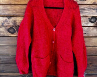 Vintage Handmade Handknit Cherry Red Mohair Cardigan Sweater Size L/XL
