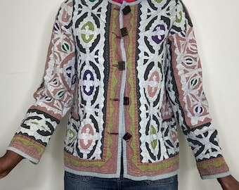 Vintage Boho Appliqué Quilted Patchwork Jacket Size Medium