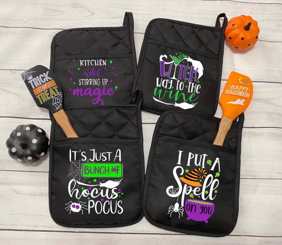 it\u2019s just a bunch hocus pocus I put a spell on you Witch way to wine Halloween Pot Holders- Kitchen Witch stirring magic