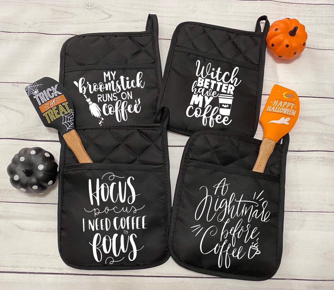 Halloween Pot Holders My Broomstick Runs on Coffee Hocus Etsy