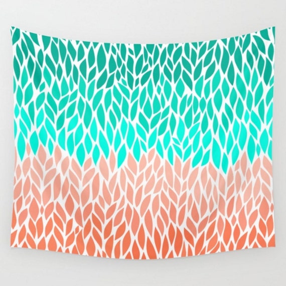 Coral Mint Teal Green Wall Tapestry Orange Peach Ombre Leaf Etsy