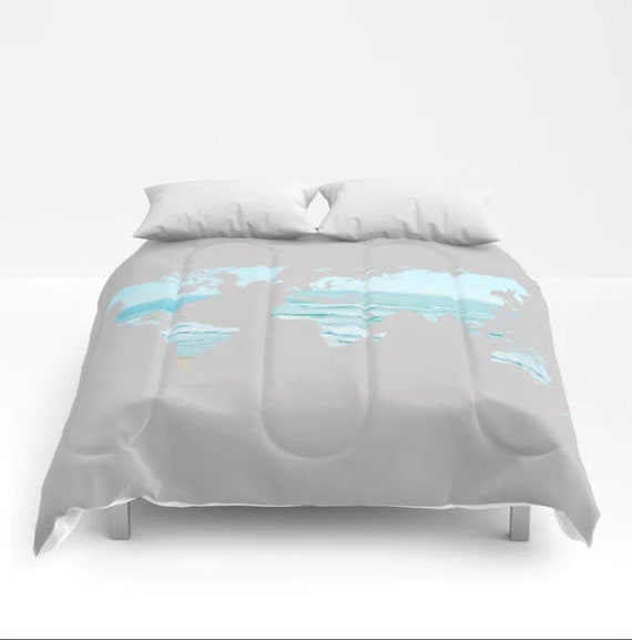 Comforter World Map Ocean Beach Light Gray Bluetwin Twin Xl Full Queen King Bedspread Bedding Dorm Room Home Apartment Bedroom Decor