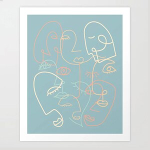 Line Art Gesichter Dänisch Pastell Blau Abstrakt Minimalistisch Digital Download Moderne Wand Kunst Bild Druck