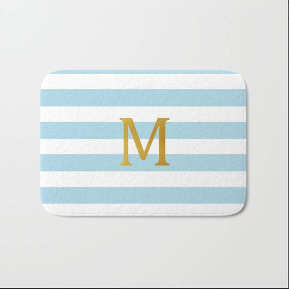 Personalized Bath Mat Gold Initial Monogram Rug Home - Blue And White Stripe Bath Rug Personalized Bath Mat Gold Initial Monogram Rug Home - Blue And White Stripe Bath Rug