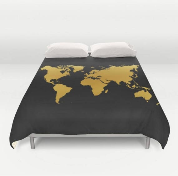 Black Gold Map Duvet Cover World Map Gold Twin Full Queen King Etsy
