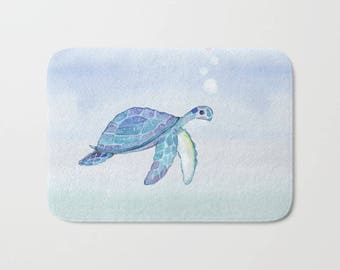 Turtle Under the Sea Bath Mat Ocean Pastel Blue Green Pink Swimming Bubbles Bath Rug beach Cabin Home Decor
