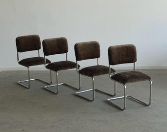 Cantilever Dining Chairs in Brown Chenille - Set of 4