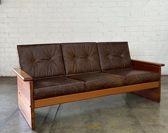 Minimal Teak and Leather Sofa