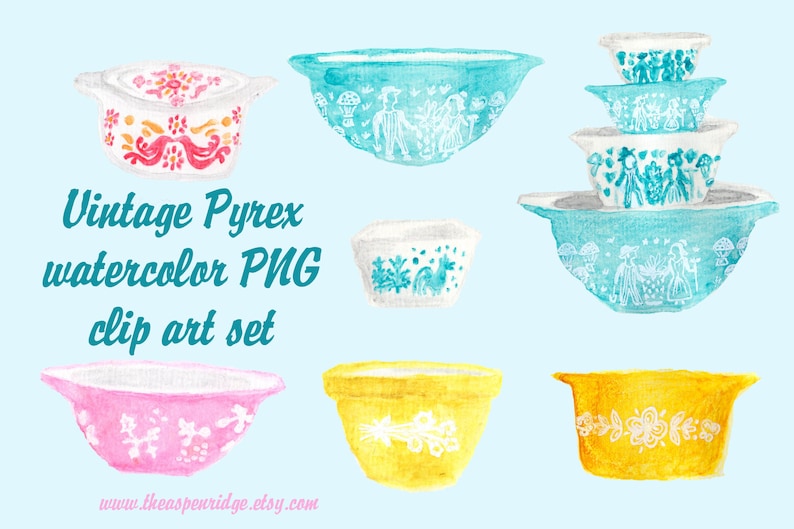 Vintage Pyrex Bowl Watercolor PNG Clip Art Set of 7 Files, Butterprint